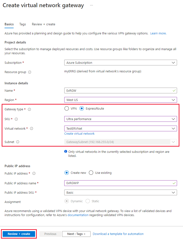 ExpressRoute에 대한 가상 네트워크 게이트웨이 만들기의 스크린샷