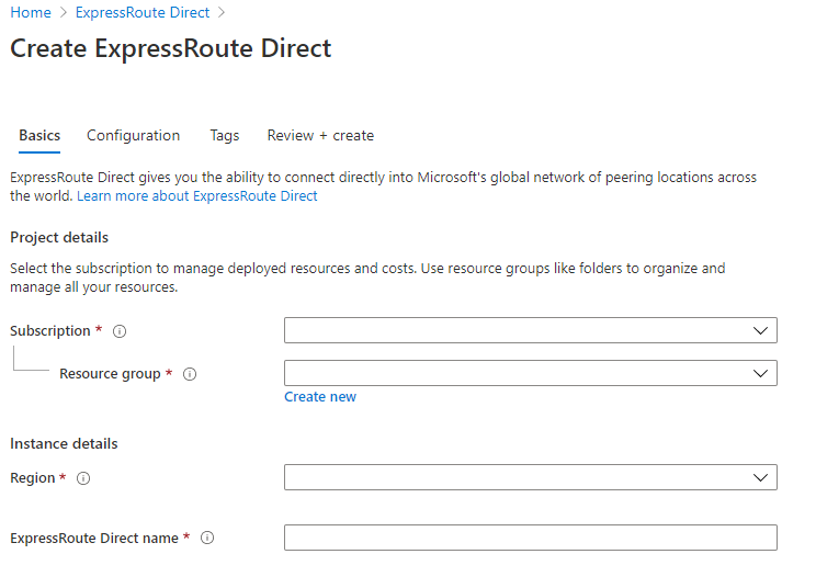 ExpressRoute Direct를 만들기 위한 기본 페이지의 스크린샷.