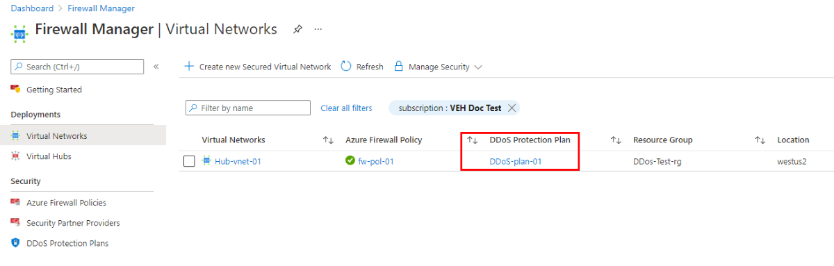 DDoS Protection 계획이 있는 가상 네트워크를 보여 주는 스크린샷