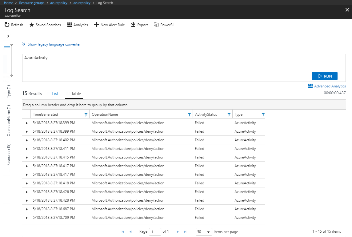 AzureActivity 테이블의 Azure Policy 작업을 보여 주는 Azure Monitor 로그의 스크린샷