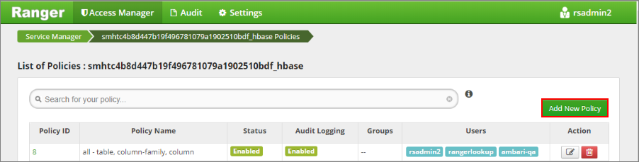 Apache Ranger HBase 정책 목록을 보여 주는 스크린샷