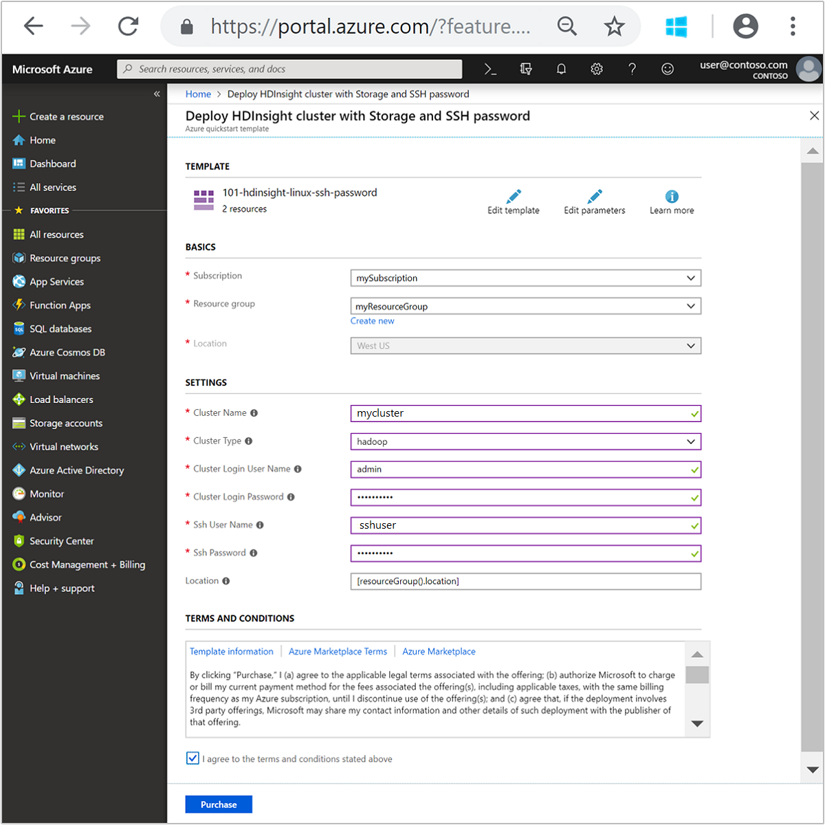 HDInsight Linux 포털에서 Resource Manager 템플릿 시작.