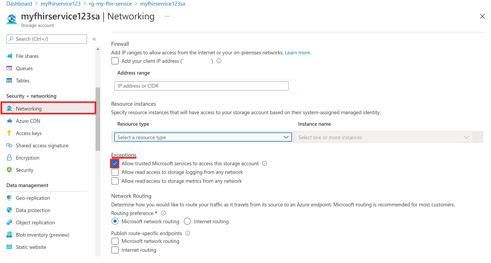 신뢰할 수 있는 Microsoft 서비스 이 스토리지 계정에 액세스하도록 허용합니다.