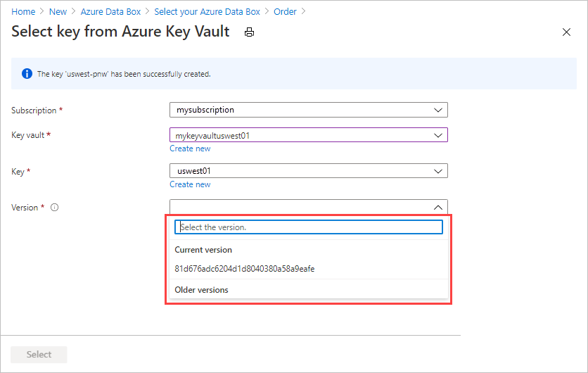 Azure Key Vault의 '키 만들기' 화면에 대한 스크린샷. 사용 가능한 버전이 표시된 버전 필드가 강조 표시되어 있습니다.