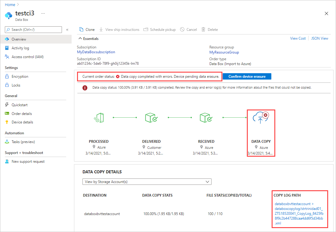 Azure Portal에서 업로드하는 동안 복사 오류 알림