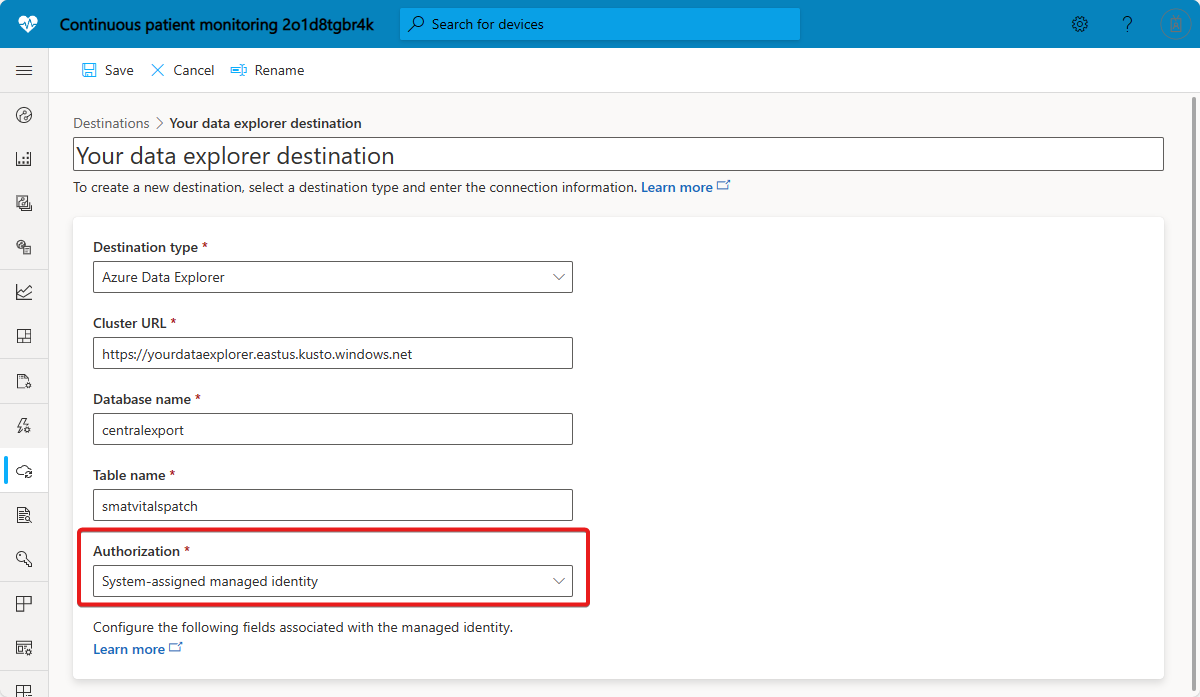 관리 ID를 사용하는 Azure Data Explorer 내보내기 대상의 스크린샷.