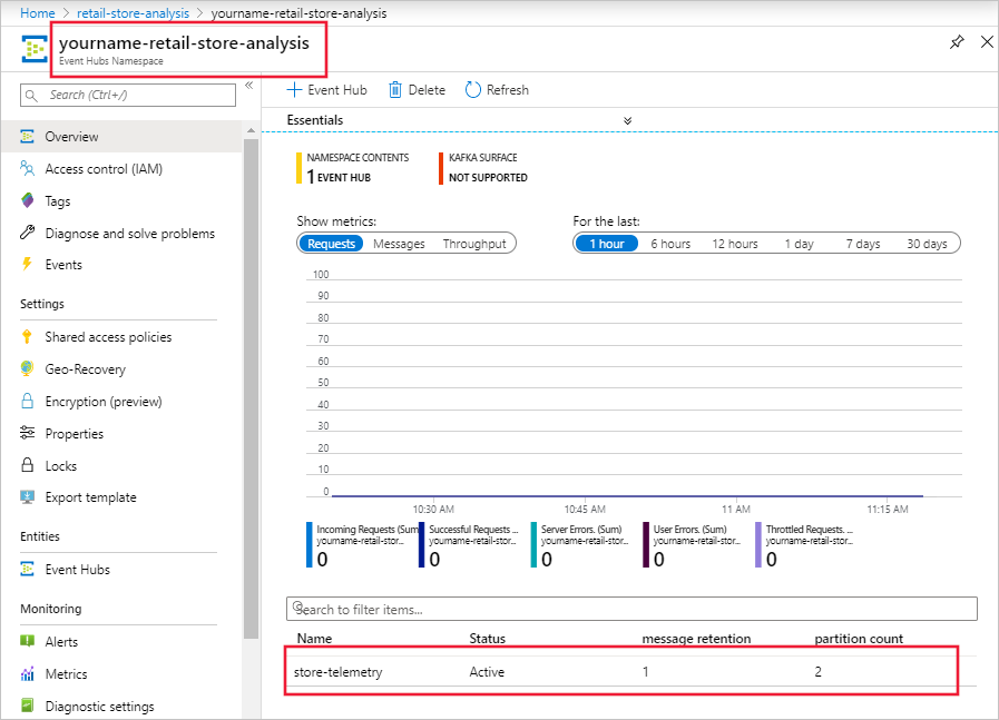 Azure Portal의 이벤트 허브 네임스페이스를 보여 주는 스크린샷