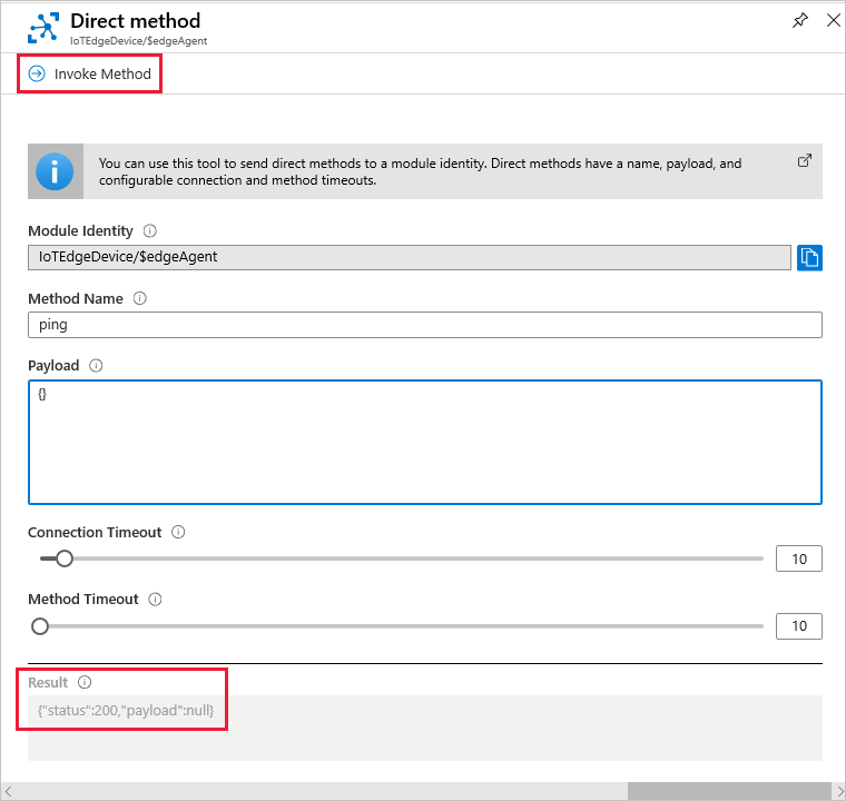 Azure Portal에서 직접 메서드 ping을 호출하는 방법을 보여 주는 스크린샷.