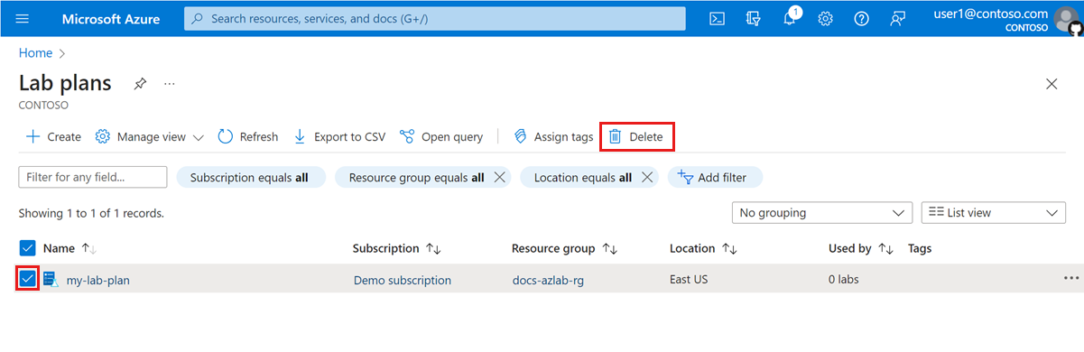 Azure Portal에서 랩 계획을 삭제하는 방법을 보여 주는 스크린샷.