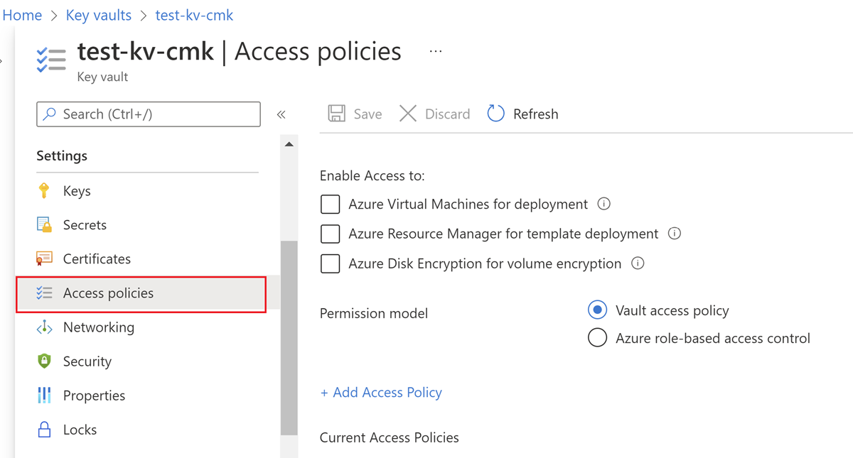 Azure Portal의 키 자격 증명 모음에 대한 액세스 정책 옵션을 보여 주는 스크린샷.