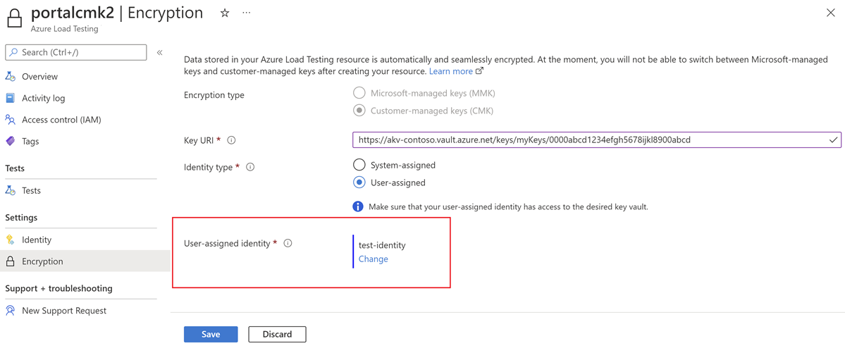 기존 Azure Load Testing 리소스에서 고객 관리형 키의 관리 ID를 변경하는 방법을 보여 주는 스크린샷.