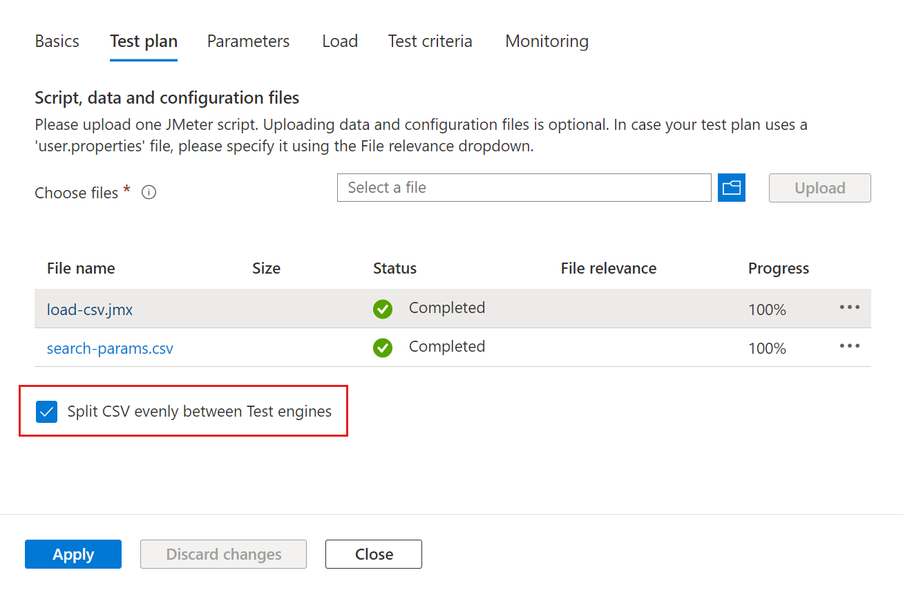 Azure Portal에서 테스트를 구성할 때 입력 CSV 파일 분할을 사용하도록 설정하는 확인란을 보여 주는 스크린샷.