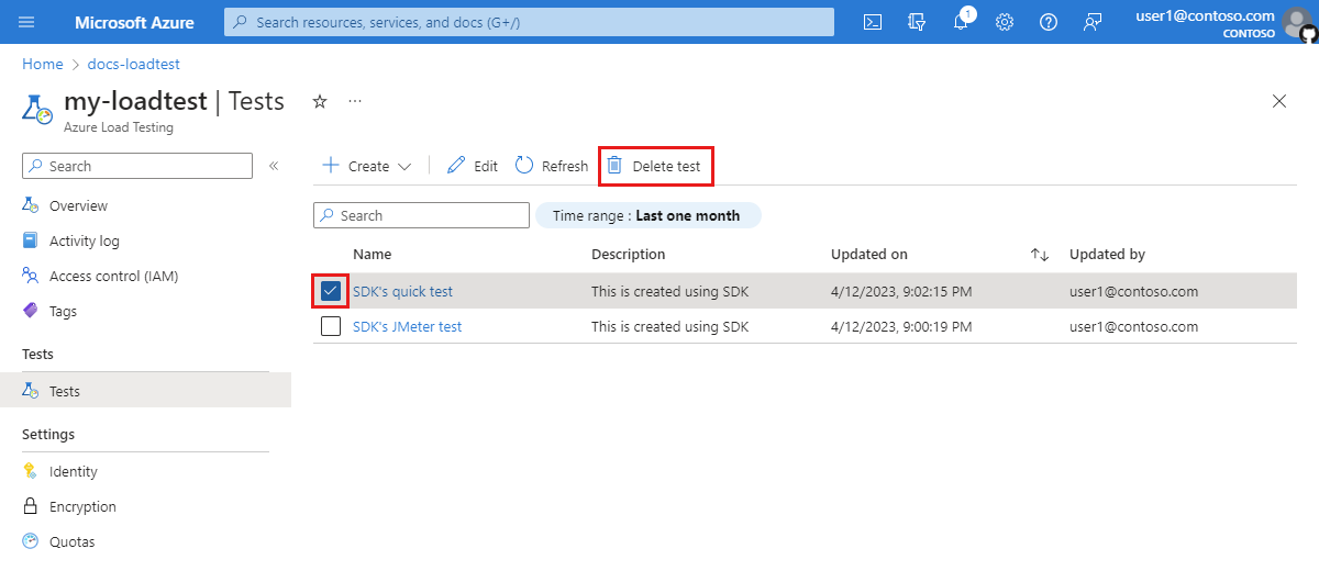 Azure Portal에서 부하 테스트를 선택하고 삭제하는 방법을 보여 주는 스크린샷