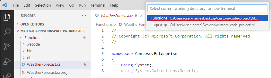 스크린샷은 Visual Studio Code, 현재 작업 디렉터리에 대한 프롬프트 및 선택한 Functions 디렉터리를 보여줍니다.