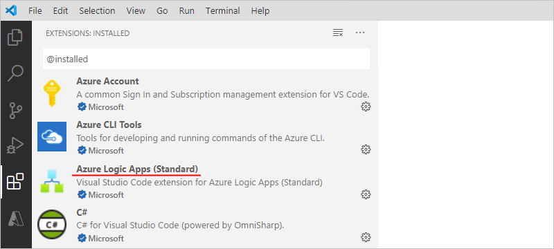 Azure Logic Apps(표준) 확장이 설치된 Visual Studio Code를 보여 주는 스크린샷