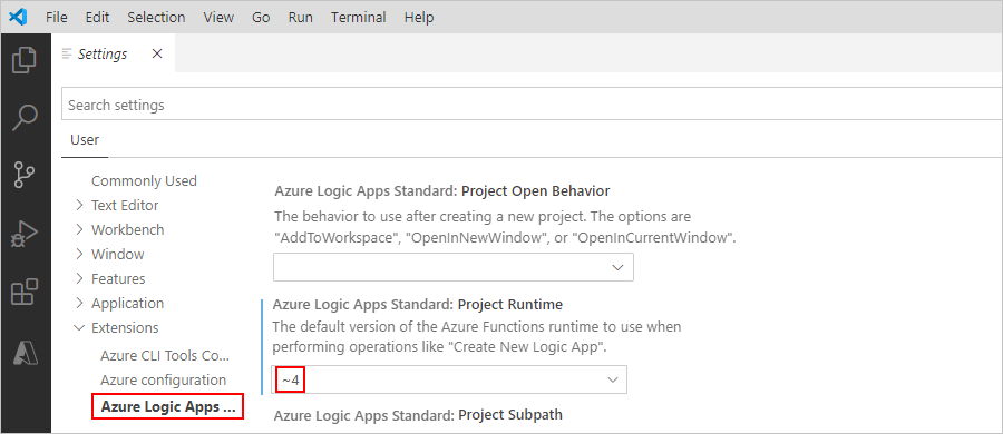 Azure Logic Apps(표준) 확장의 Visual Studio Code 설정을 보여 주는 스크린샷