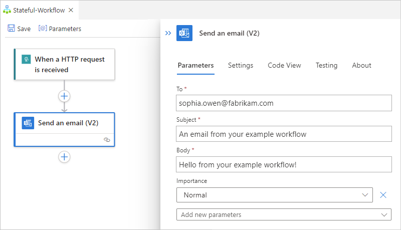 메일 보내기라는 Office 365 Outlook 작업에 대한 정보를 보여 주는 스크린샷