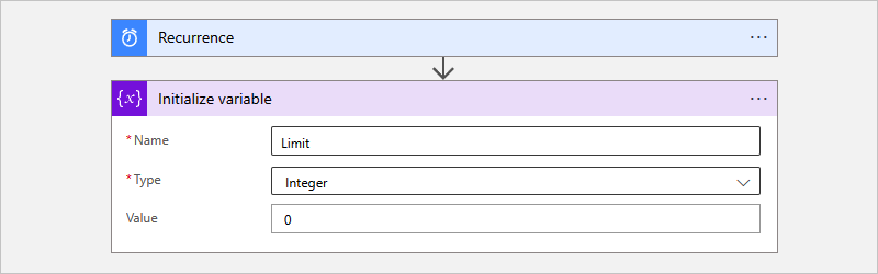 스크린샷은 Azure Portal, 사용량 워크플로, 변수 초기화라는 기본 제공 작업에 대한 매개 변수를 보여 줍니다.