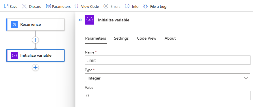 스크린샷은 Azure Portal, 표준 워크플로, 변수 초기화라는 기본 제공 작업에 대한 매개 변수를 보여 줍니다.