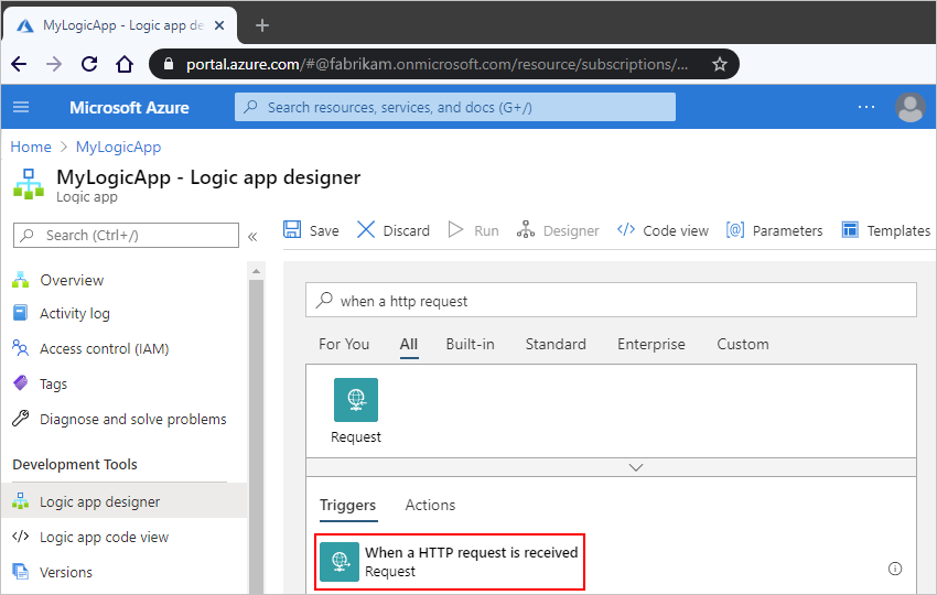 Azure Portal 및 검색 상자에 'http 요청 시'가 있고 요청 트리거가 선택된 다중 테넌트 디자이너를 보여 주는 스크린샷