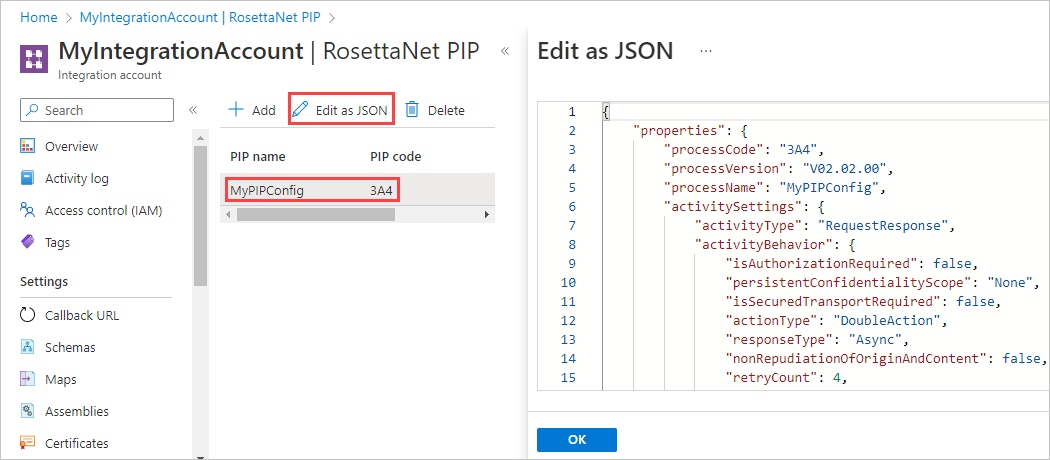 JSON으로 편집 및 PIP가 선택된 RosettaNet PIP 페이지의 스크린샷. JSON으로 편집에서 인코딩된 PIP 속성이 표시됩니다.