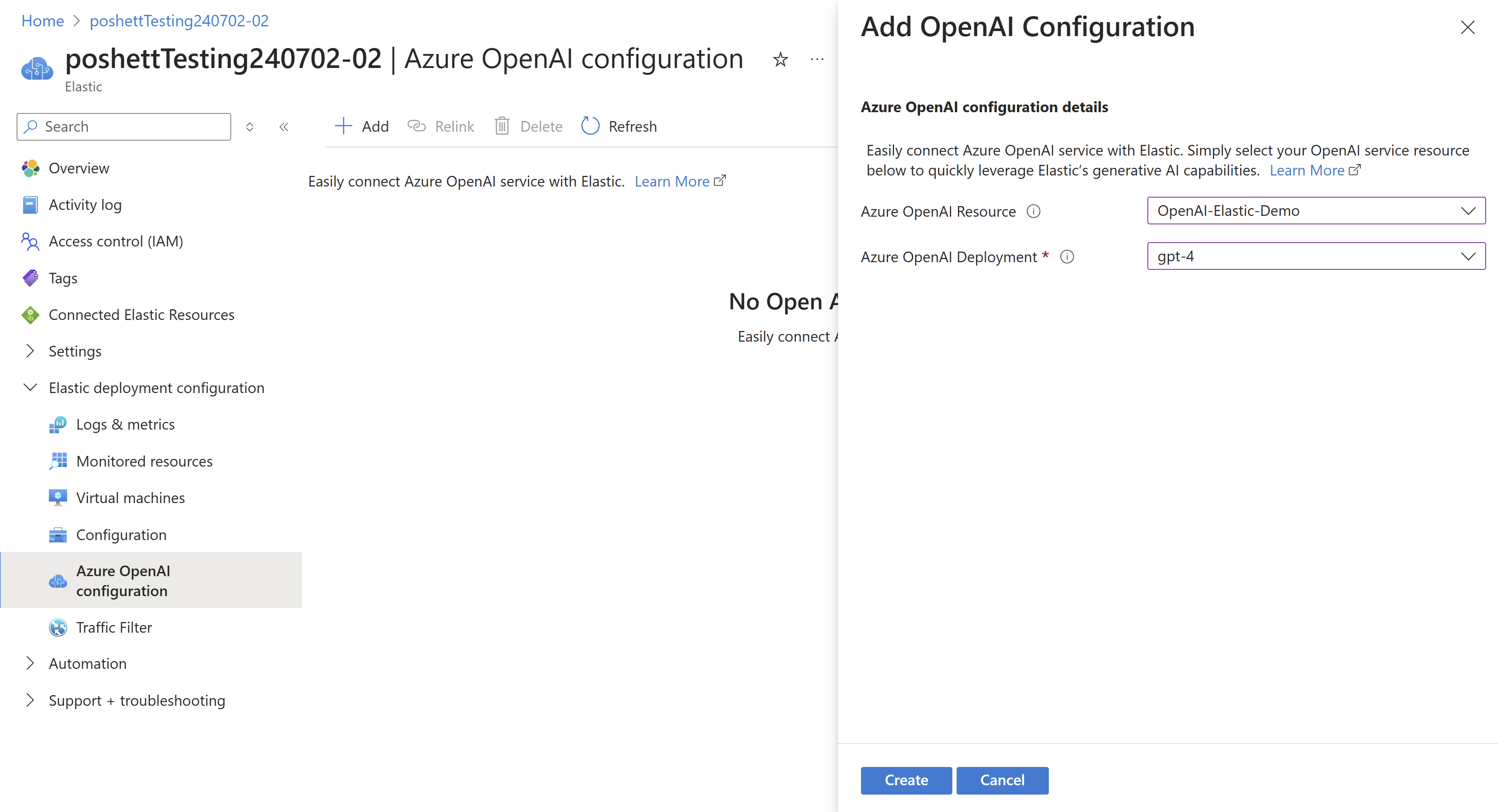 Azure OpenAI Connector 구성의 스크린샷.