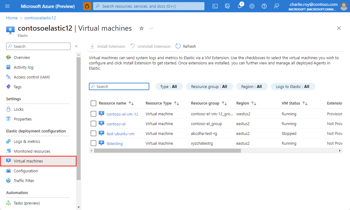 Elastic VM 확장을 설치할 수 있는 가상 머신 목록과 상태 정보를 보여 주는 스크린샷.