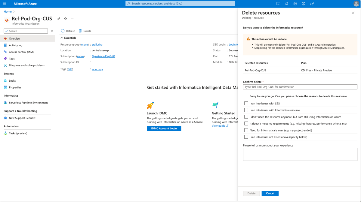 Informatica 리소스에 대한 최종 삭제 확인을 보여 주는 스크린샷.