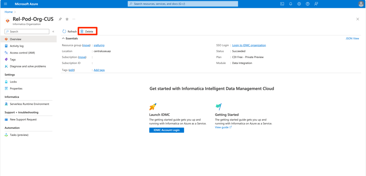 Informatica 리소스를 삭제하는 방법을 보여 주는 스크린샷.