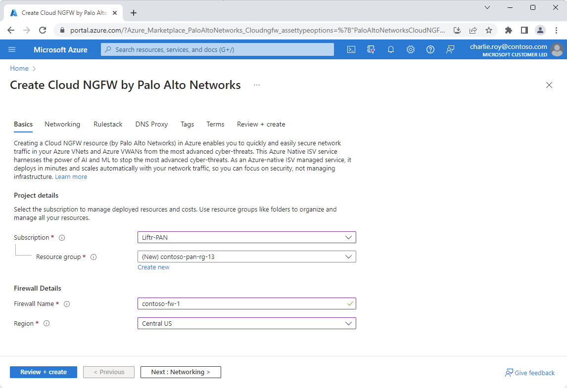 Palo Alto Networks 만들기 환경의 기본 사항 탭 스크린샷