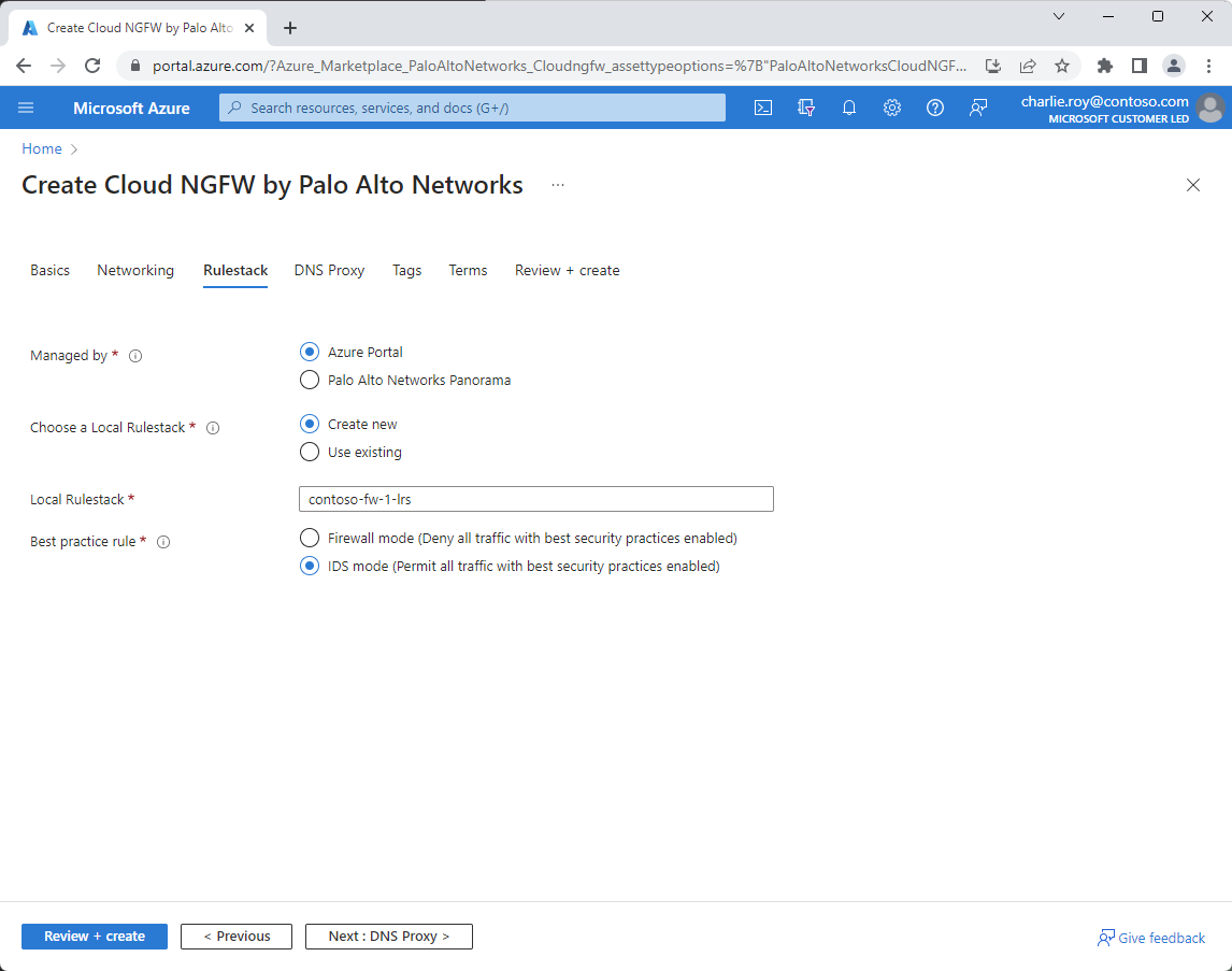 Palo Alto Networks 만들기 환경의 Rulestack 스크린샷