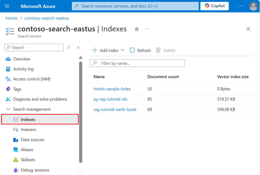 Azure Portal, Search Service 개요, 인덱스 탭의 스크린샷.