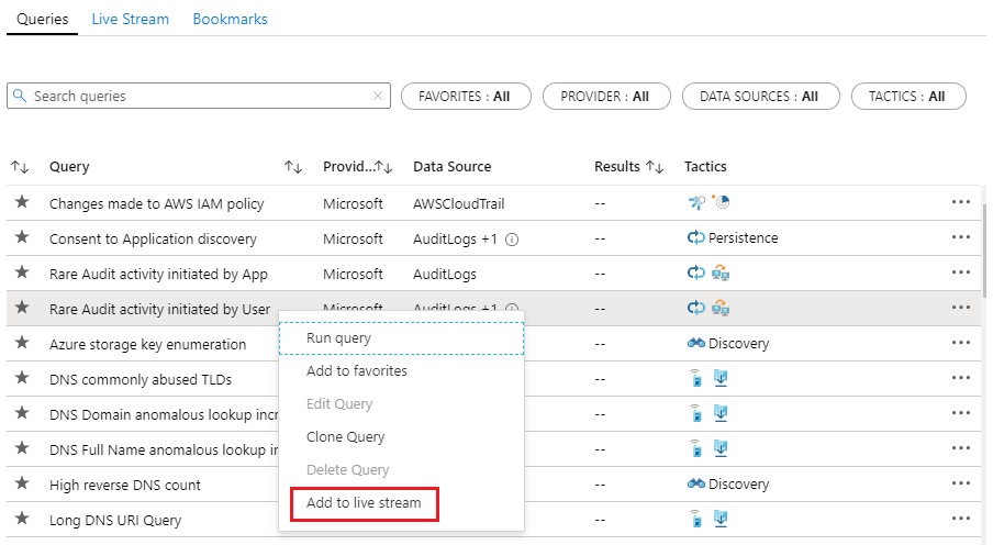 Microsoft Sentinel 헌팅 쿼리에서 라이브 스트림 세션 만들기