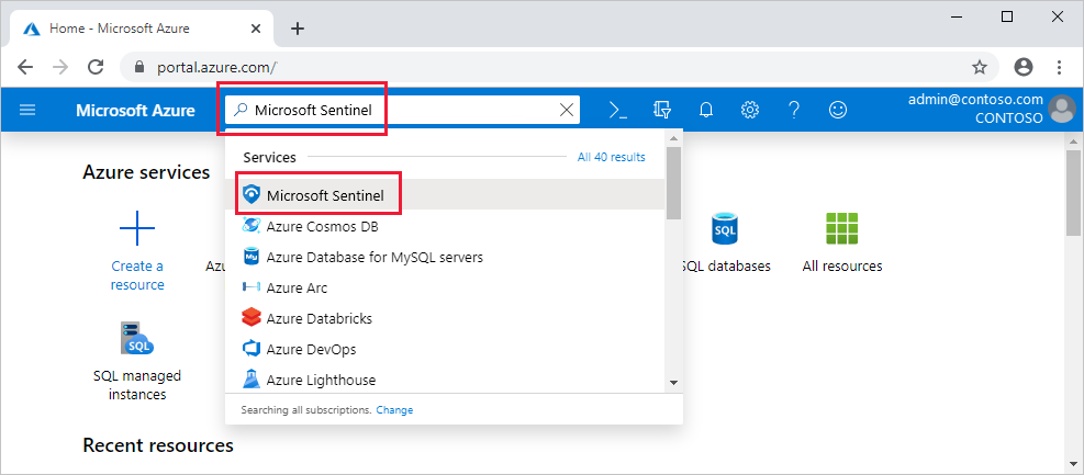 Microsoft Sentinel을 사용하도록 설정하는 동안 서비스를 검색하는 스크린샷