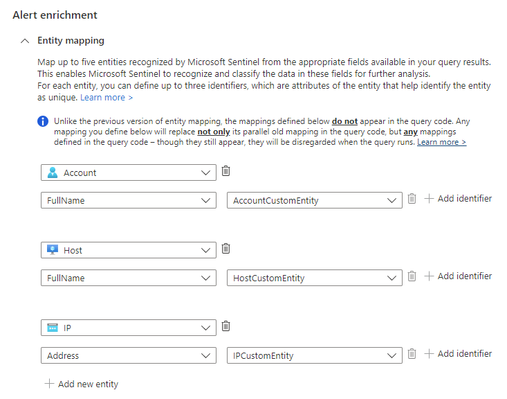 Screenshot of existing entity mapping settings.