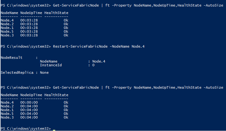 PowerShell에서 Restart-ServiceFabricNode 명령을 실행하는 스크린샷.