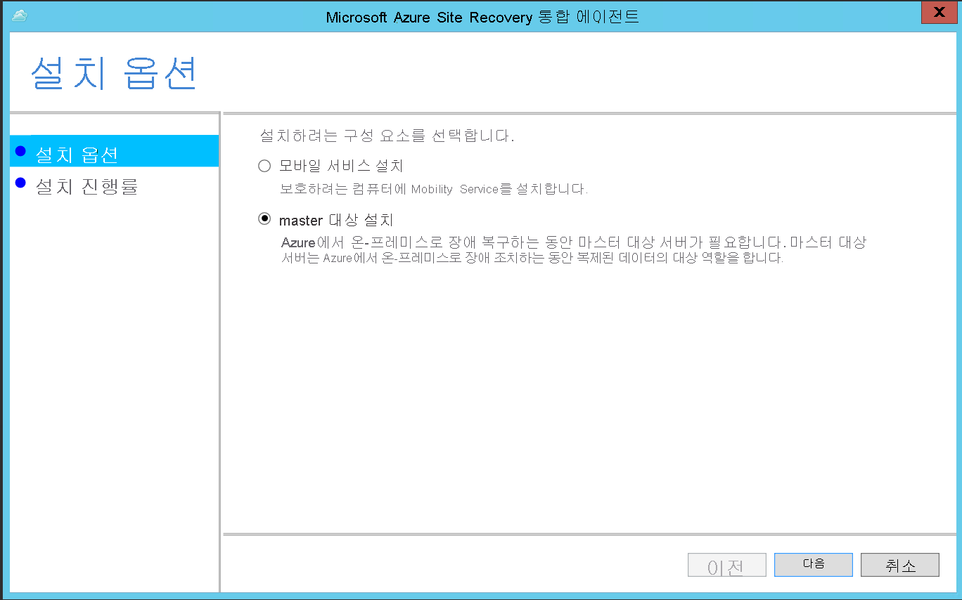 마스터 대상 설치 옵션 선택을 보여 주는 스크린샷