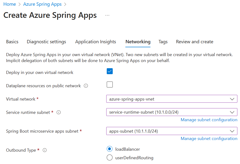 네트워킹 탭을 보여 주는 Azure Portal Azure Spring Apps 만들기 페이지의 스크린샷.