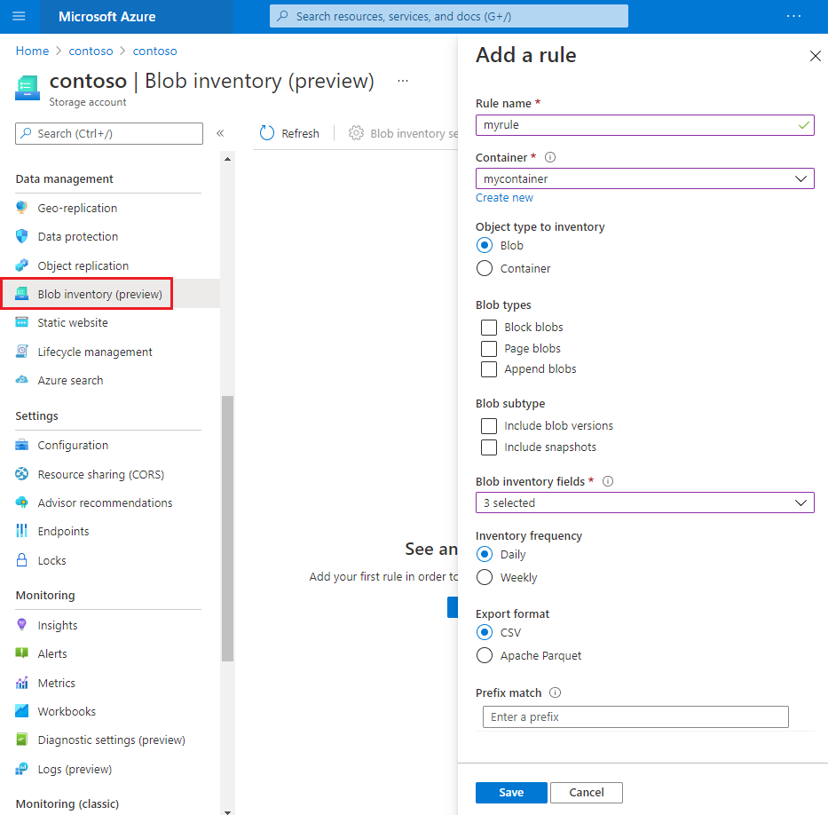 Azure Portal을 사용하여 Blob 인벤토리 규칙을 추가하는 방법을 보여 주는 스크린샷.