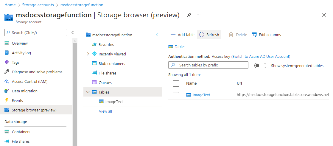 Azure Table Storage에서 텍스트 항목을 보여 주는 스크린샷