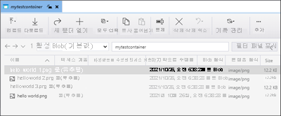 Microsoft Azure Storage Explorer에서 컨테이너 내 Blob을 확인하는 방법을 보여 주는 스크린샷