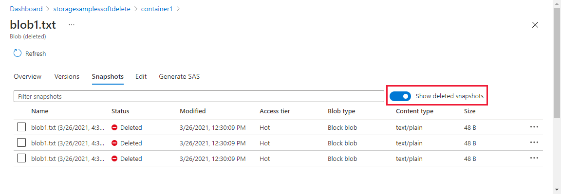 Azure Portal에서 삭제된 스냅샷을 표시하는 방법을 보여 주는 스크린샷