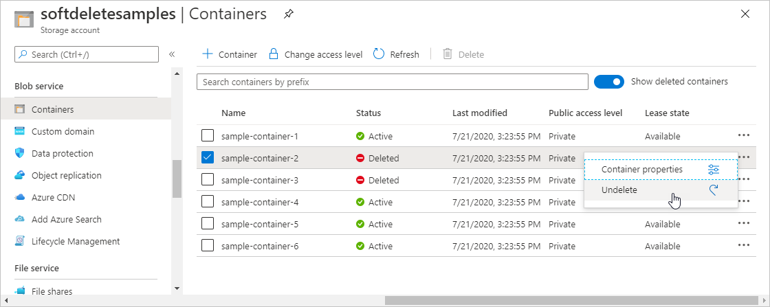 Azure Portal에서 일시 삭제된 컨테이너를 복원하는 방법을 보여 주는 스크린샷