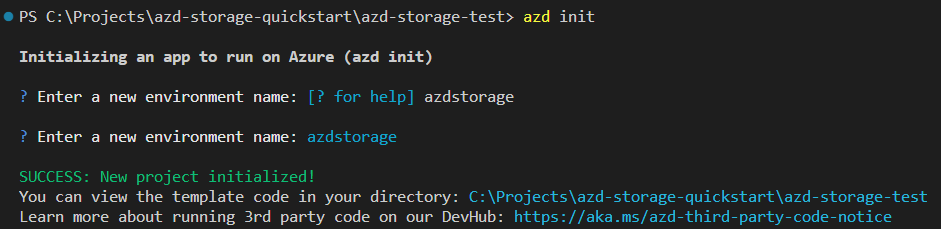 Azure Developer CLI init 명령을 보여 주는 스크린샷.