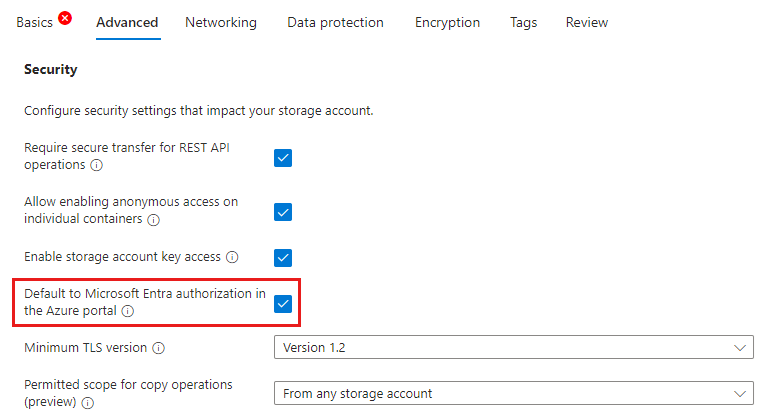 새 계정에 대해 Azure Portal에서 기본 Microsoft Entra 권한 부여를 구성하는 방법을 보여 주는 스크린샷