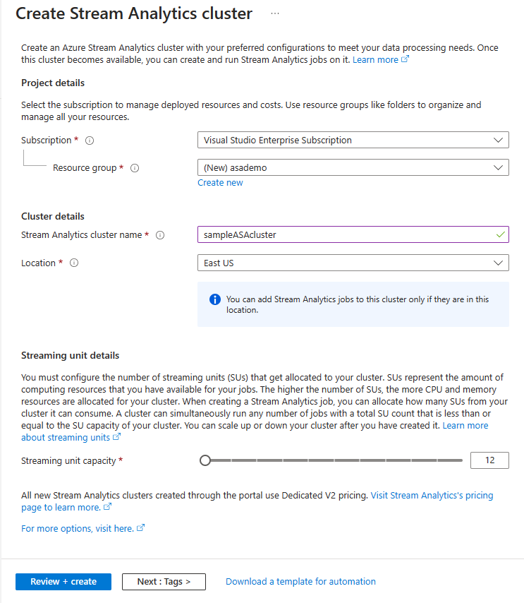 Screenshot showing the Create Stream Analytics cluster page. 