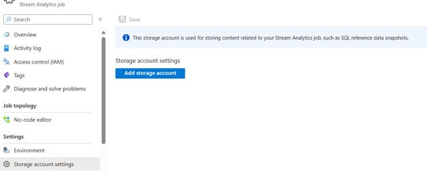 Stream Analytics 작업의 Storage 계정 설정 페이지 스크린샷