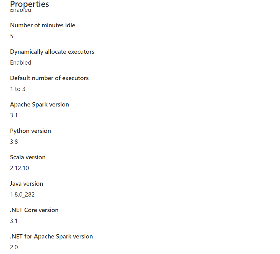 Screenshot that shows properties, including the .NET Spark version.