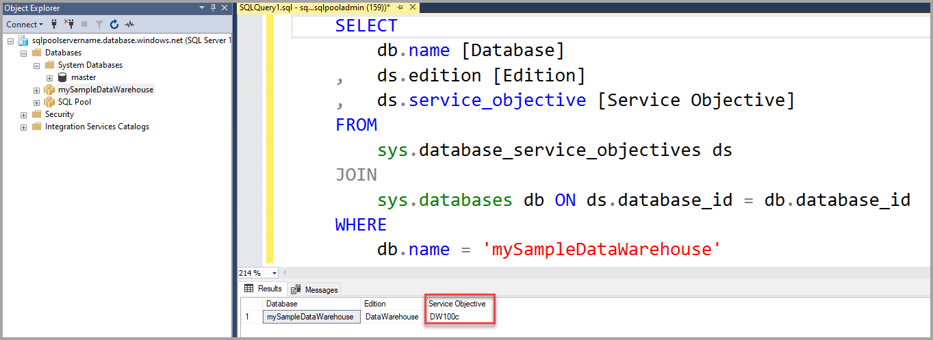 서비스 목표 열의 현재 DWU를 보여 주는 SQL Server Management Studio 결과 집합의 스크린샷.