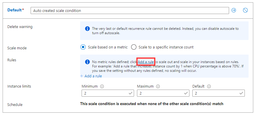 Azure Portal에서 자동 크기 조정 규칙 추가